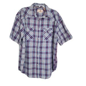 Real Work Wear Men Shirt Size XL Pearl Snap Green Blue Plaid Short Sleeve Pocket
